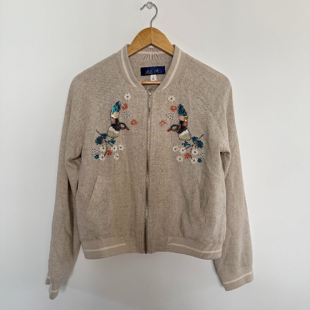 Anthropologie Blue Rain Sequin Hummingbird Bomber Jacket Size Small (S) - Picture 9 of 15